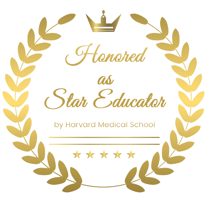 A gold laurel wreath with the words honored as star educator by harvard medical school