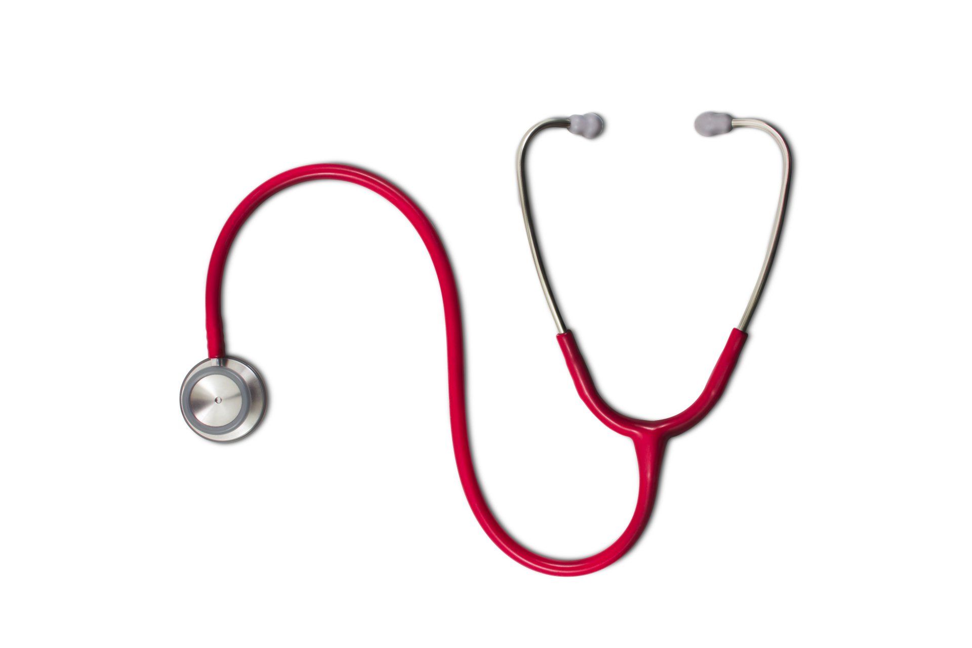 Red stethoscope on a white background.