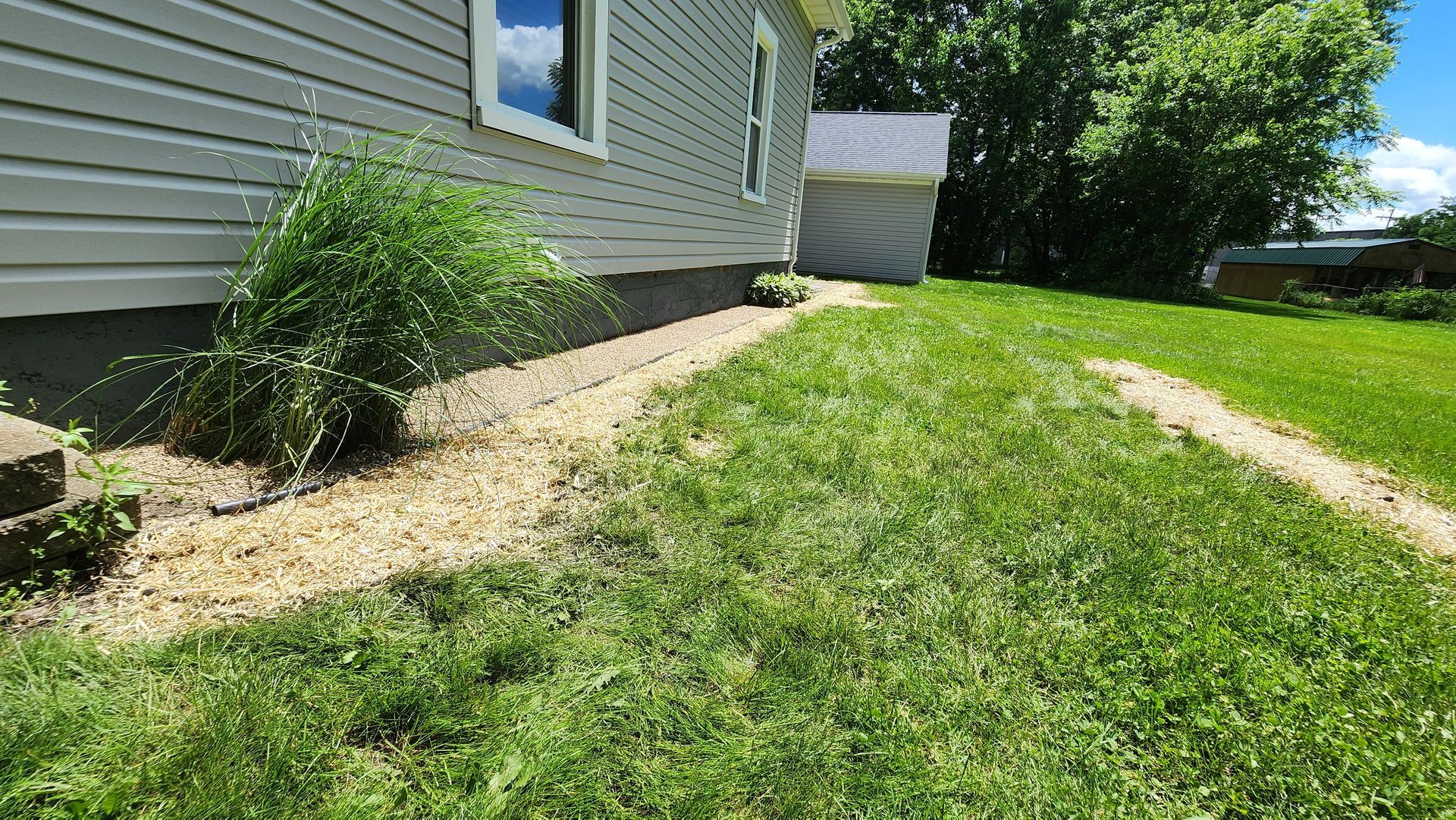 A house with a lush green lawn and a dirt path leading to it.