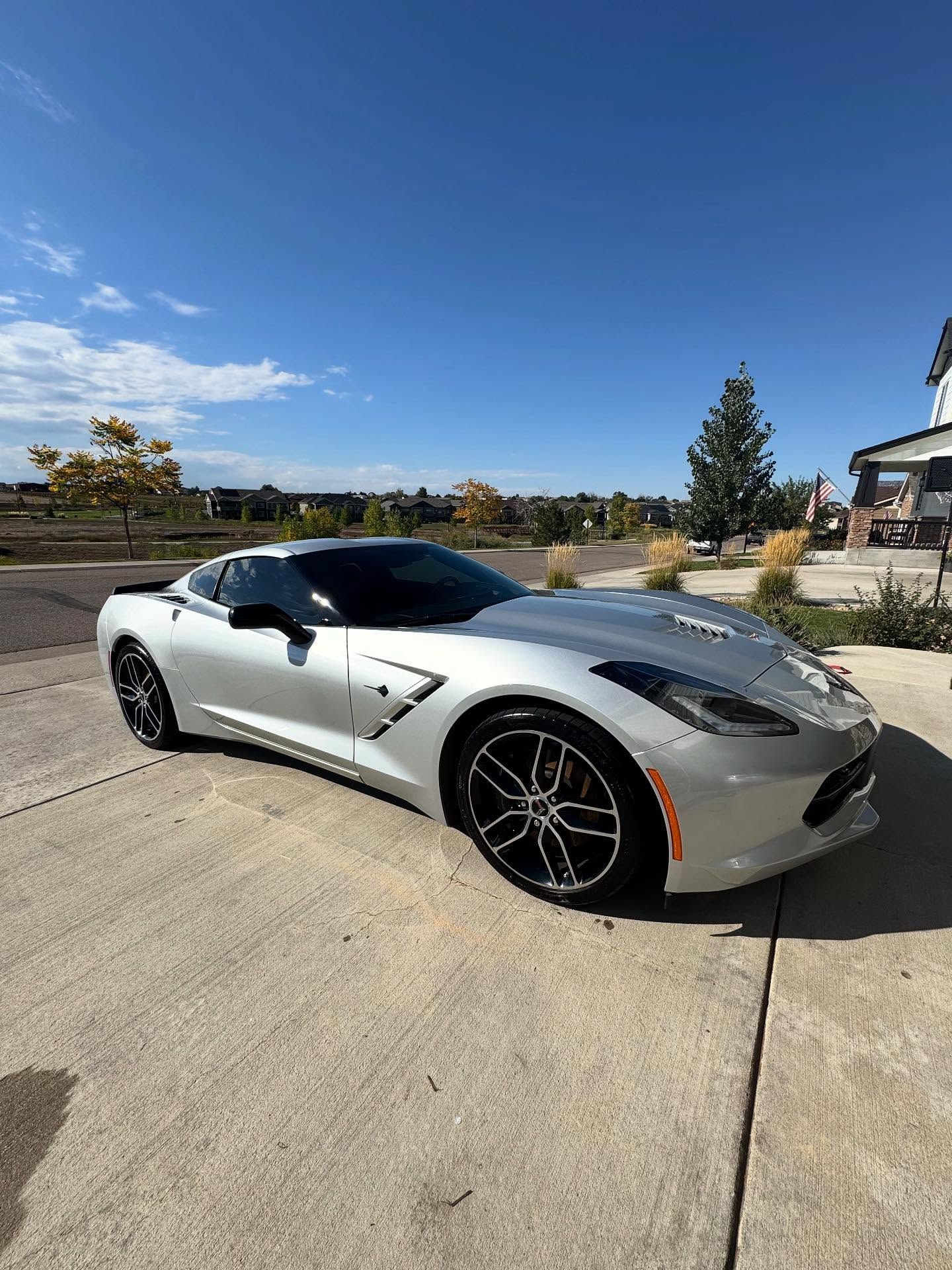 Silver Corvette sports car parked on a concrete driveway, blue sky background.