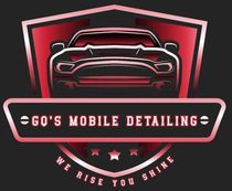 Logo for Go's Mobile Detailing. Red shield with a car outline, text "GO'S MOBILE DETAILING" and "WE RISE YOU SHINE."
