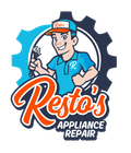 Resto&rsquo;s Appliance Repair logo with cartoon technician, blue shirt, wrench, and gear icon