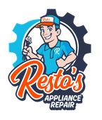Resto&rsquo;s Appliance Repair logo with cartoon technician, blue shirt, wrench, and gear icon