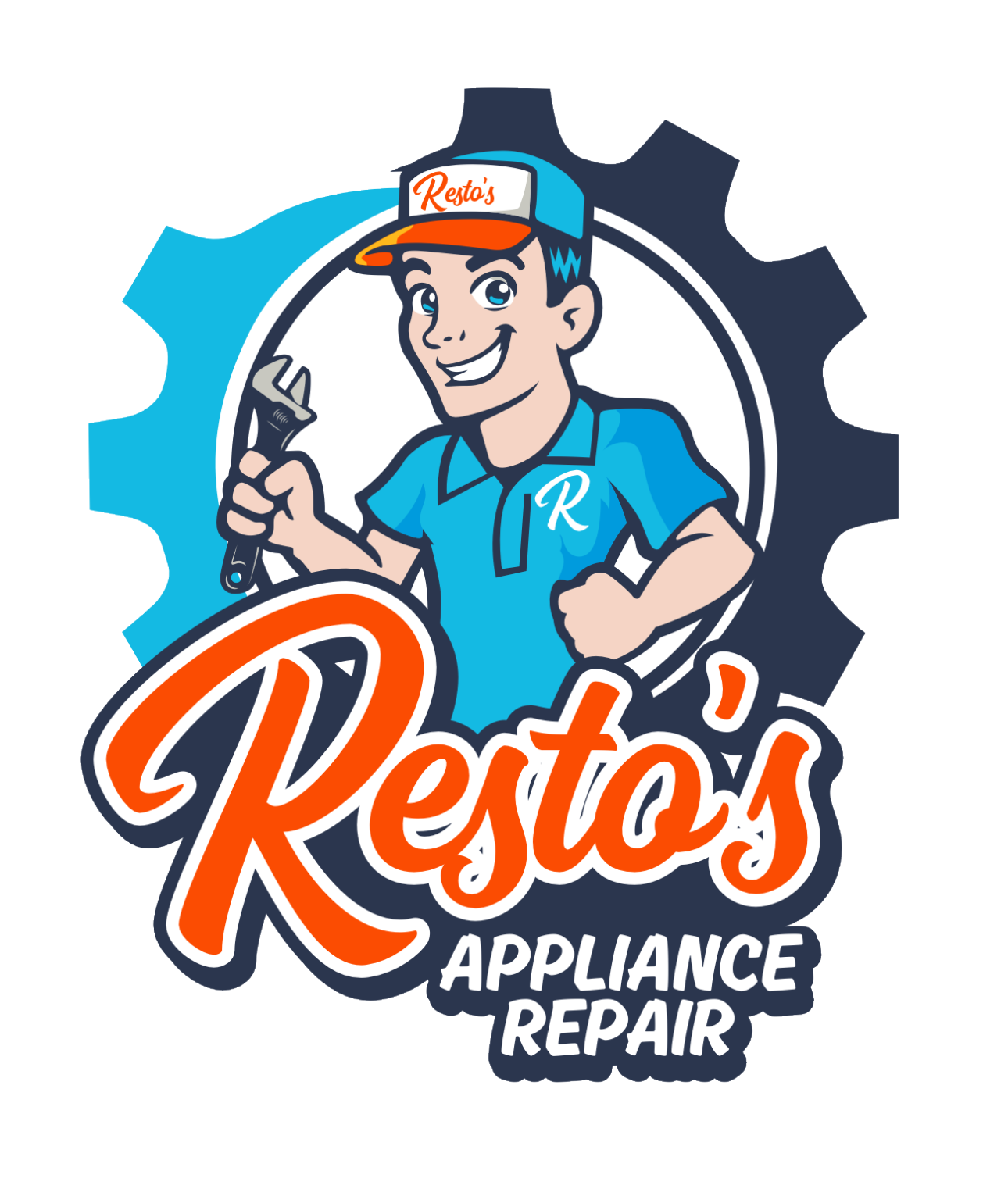 Resto&rsquo;s Appliance Repair logo with cartoon technician, blue shirt, wrench, and gear icon