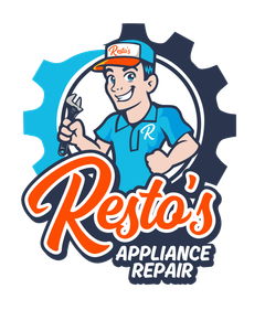 Resto&rsquo;s Appliance Repair logo with cartoon technician, blue shirt, wrench, and gear icon