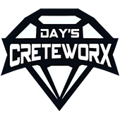 Black and white Day's Creteworx logo, text within a diamond shape, for a concrete business.