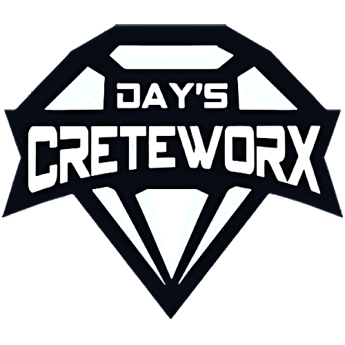 Black and white Day's Creteworx logo, text within a diamond shape, for a concrete business.