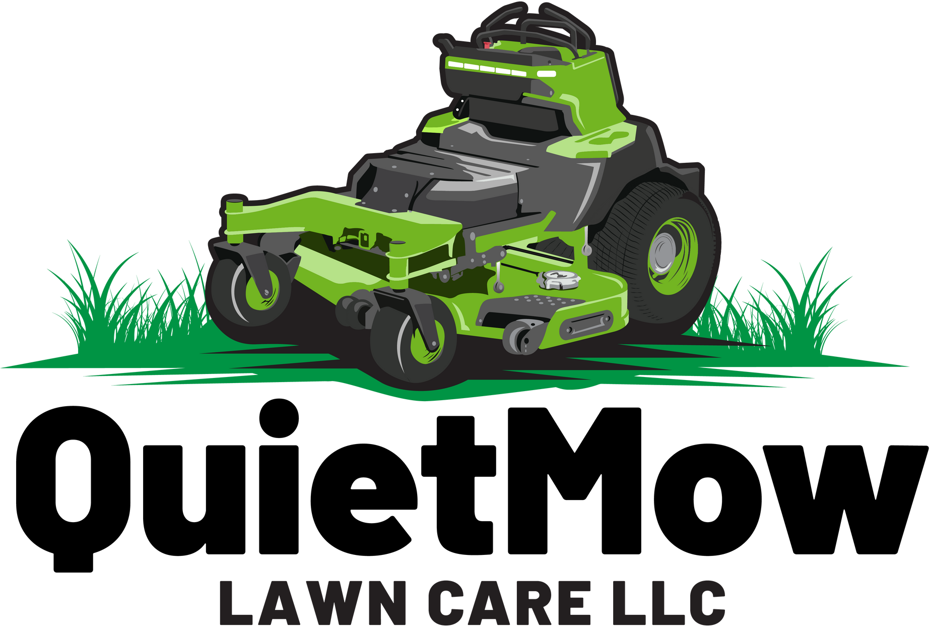 Green and gray zero-turn mower on grass, 