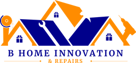 A blue and orange logo for B Home Innovation & Repairs