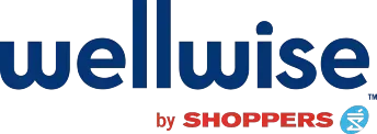 A blue and white logo for wellwise by shoppers