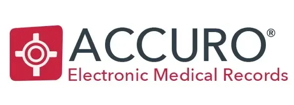 The logo for accuro electronic medical records is red and black.
