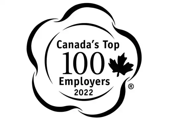 Logo des 100 meilleurs employeurs du Canada 2022 : noir et blanc, icône de feuille d’érable, insigne de récompense.
