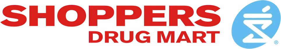 The logo for shoppers drug mart is red and blue