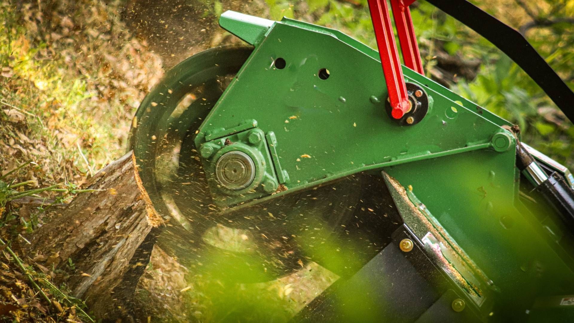 A green stump grinder with a spinning blade grinding a tree stump, producing wood chips.
