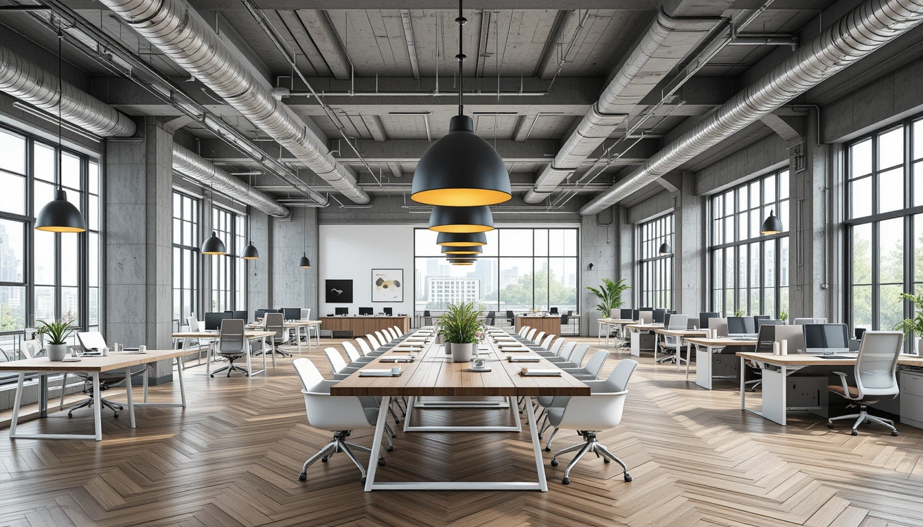 A large empty office with lots of windows and tables and chairs.