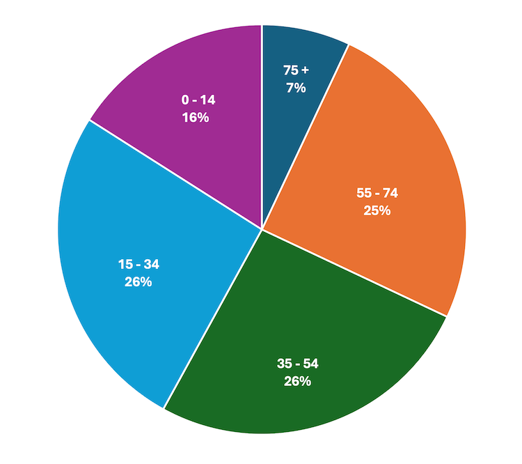 Graphic representing the population's age groups. 0 to 14 = 16%. 15 to 34 = 26%. 35 to 54 = 26%. 55 to 74 = 25%. 75 + = 7%.