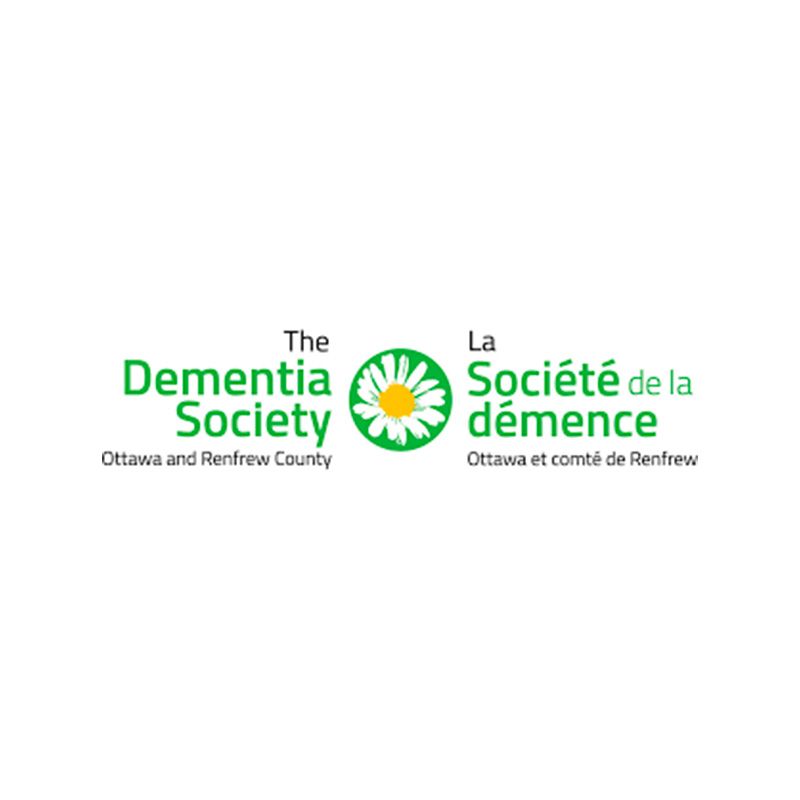 The dementia society logo is a green flower with a yellow center.