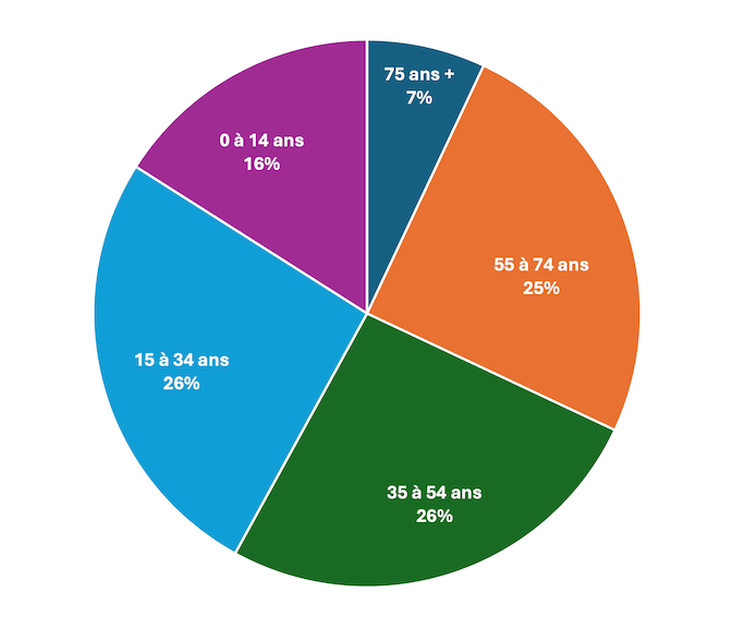 Graphique de secteurs représentant les groupes d'âge de la population. 0 à 14 ans = 16%. 15 à 34 ans = 26%. 35 à 54 ans = 26%. 55 à 74 ans = 25%. 75 ans et plus = 7%.