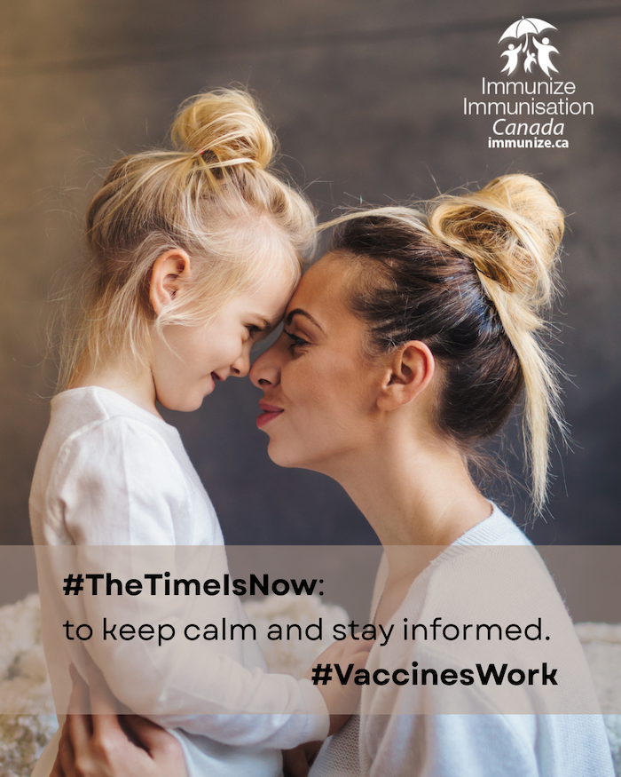 Mother and child touch foreheads in a warm vaccine awareness poster with #TheTimeIsNow and #VaccinesWork