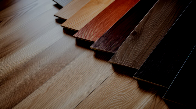 Wooden floor samples in various shades, arranged diagonally, showcasing color options for flooring.