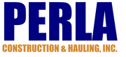 Blue "PERLA" text with "CONSTRUCTION & HAULING, INC." in gold below.