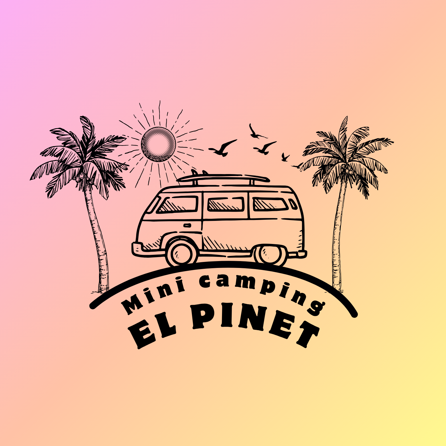 Mini camping logo with a van, palm trees, sun, birds, and text 
