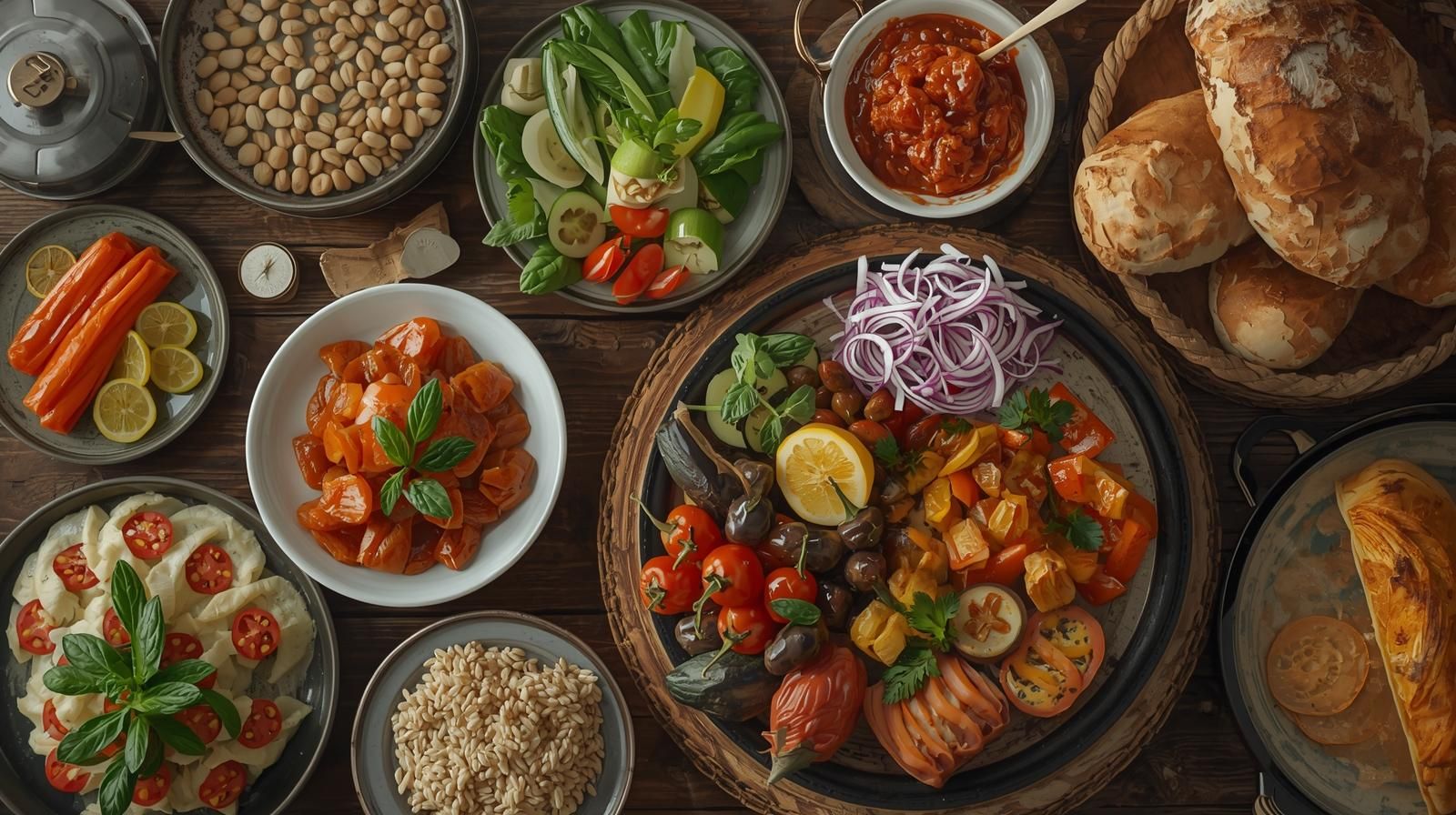 Overhead shot of a rustic wooden table laden with various Mediterranean dishes: chickpeas, bread, vegetables, and sauces.