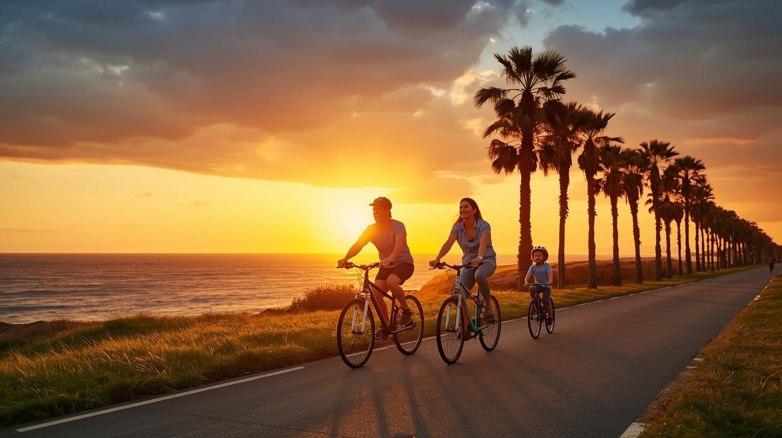 Family biking along a coastal road at sunset, with palm trees and ocean.