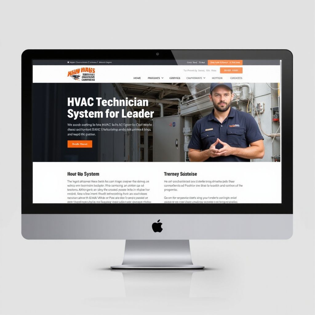 Website for HVAC technicians; man in uniform; orange and white website design.