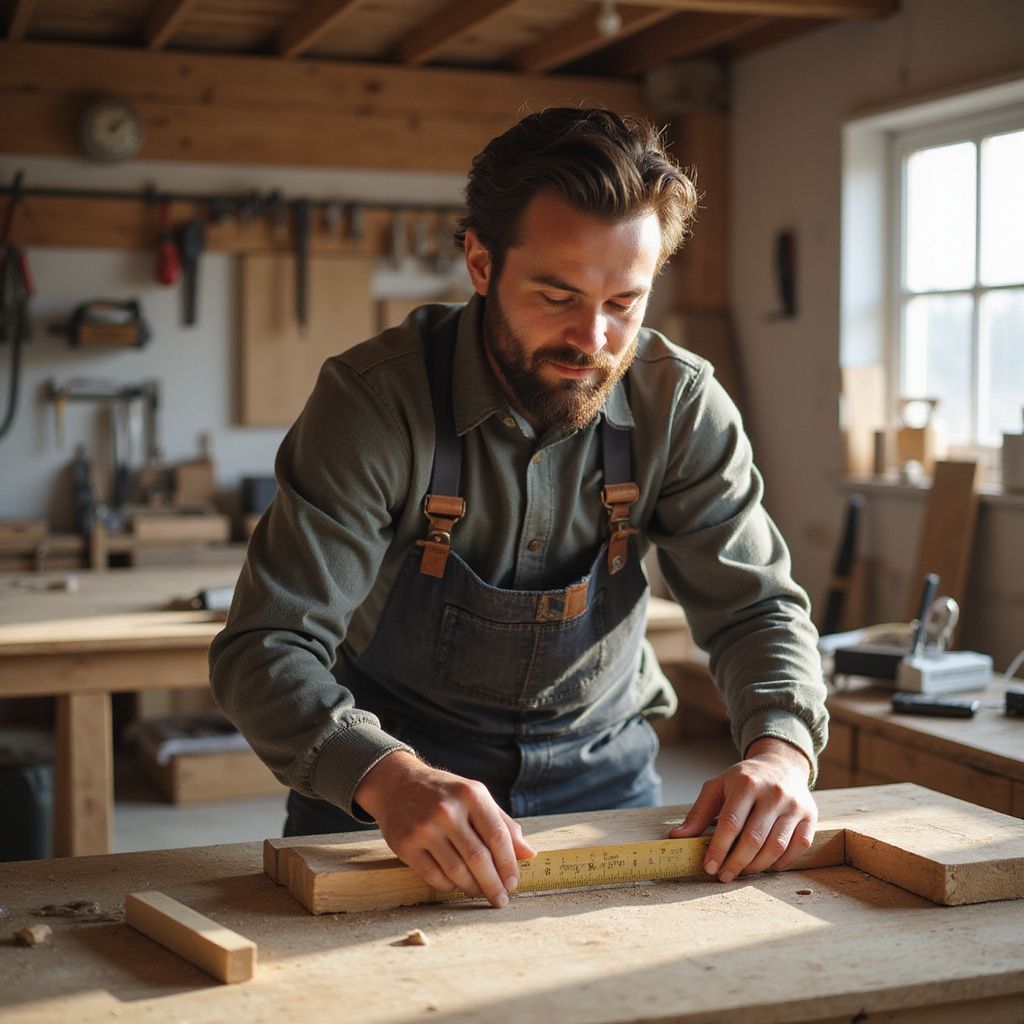 Woodworker measuring wood in a workshop. He wears an apron.