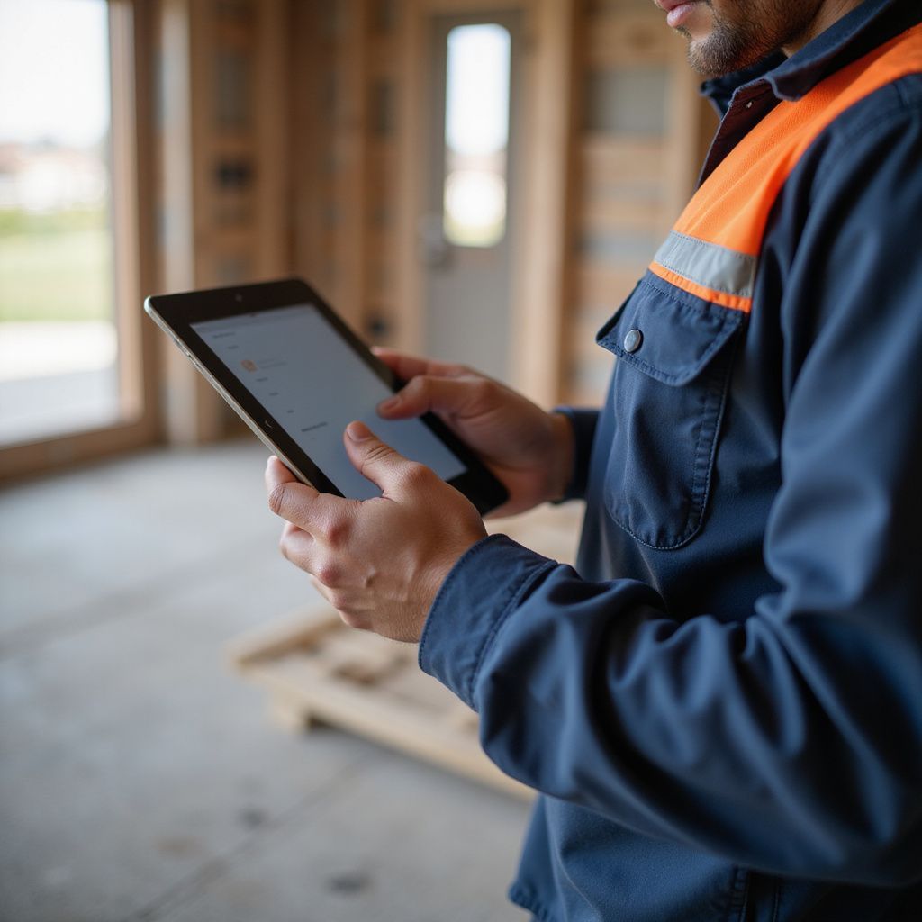 Construction worker using a tablet in a building under construction. Blue and orange work clothes.