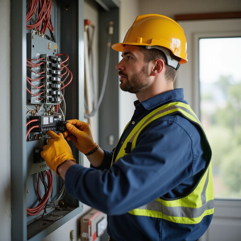 Electrician in yellow hard hat and safety vest working on a circuit breaker panel.