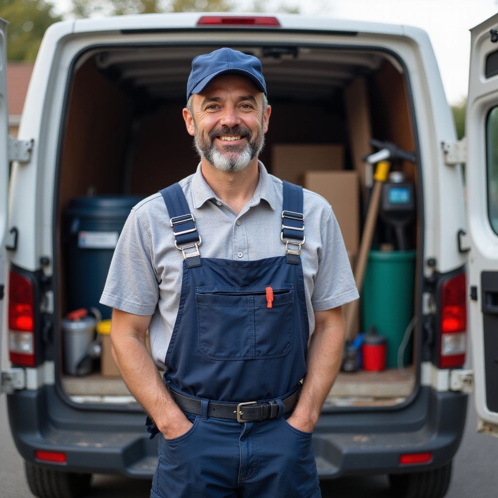 Man in overalls and cap stands smiling in front of an open van loaded with equipment.