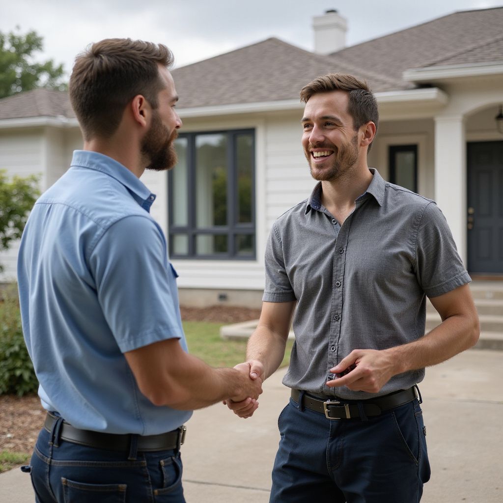 Two men shaking hands in front of a house. One in blue shirt, other in gray. Both smiling.