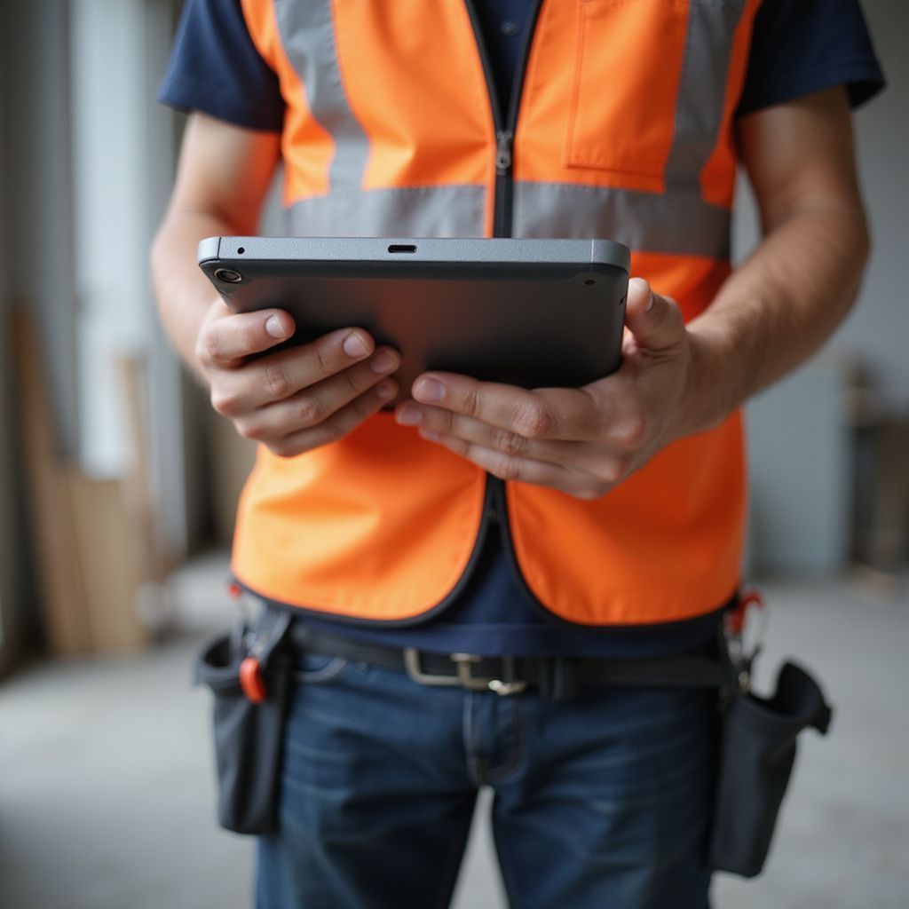 Construction worker in orange vest, using a tablet at a construction site.