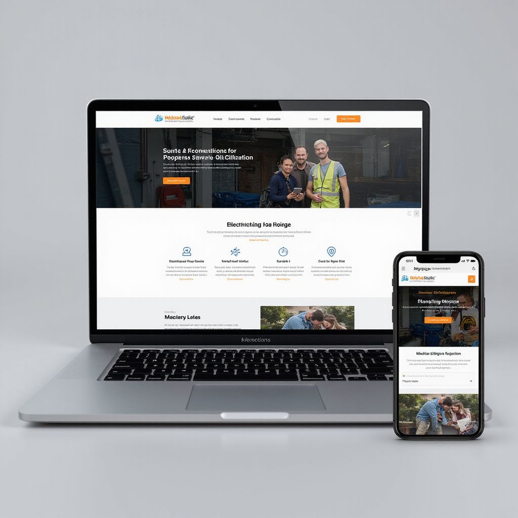 Laptop and phone displaying the same website, white background, a team of three in the banner.