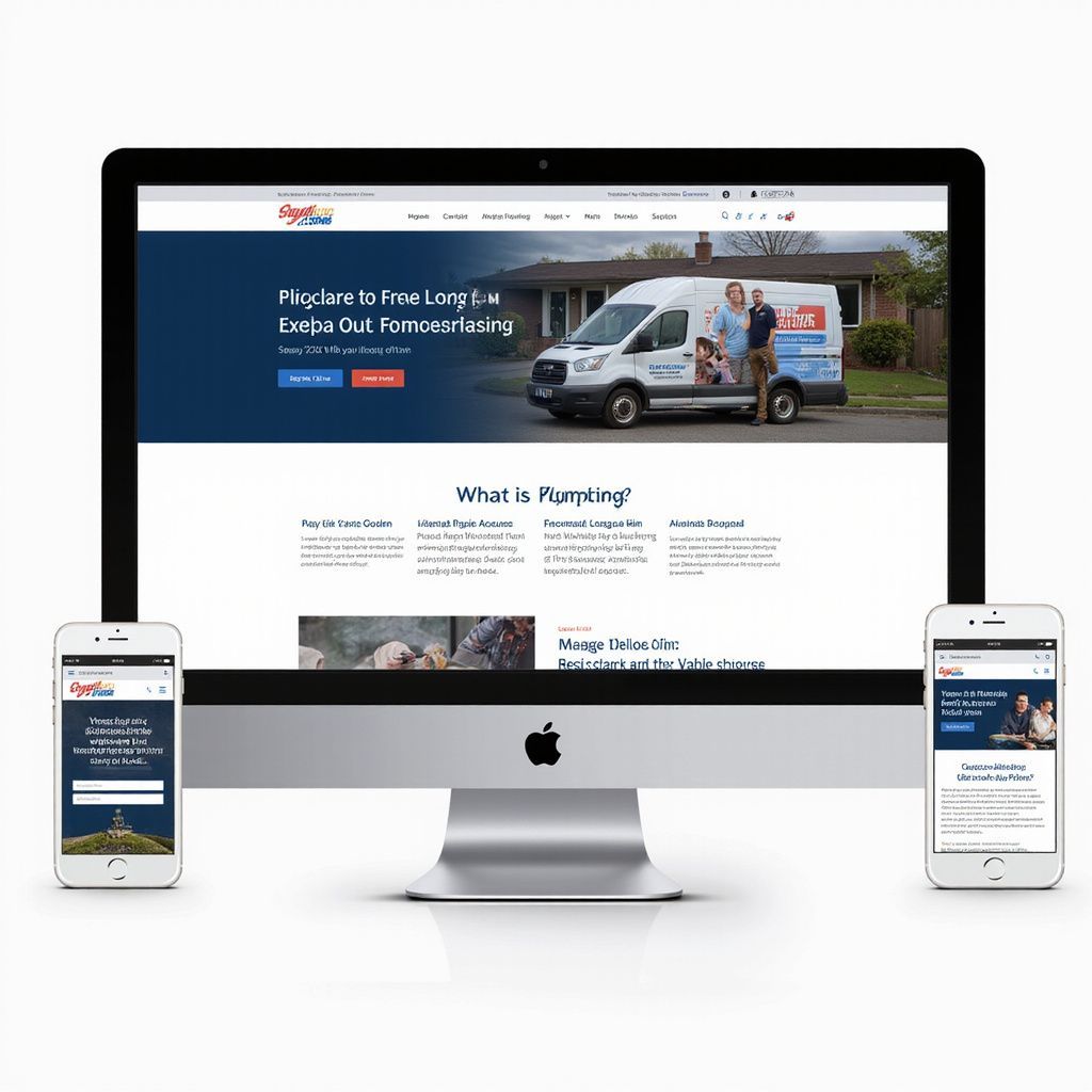 Website mock-up: desktop computer and two phones, displaying a plumbing company's homepage.