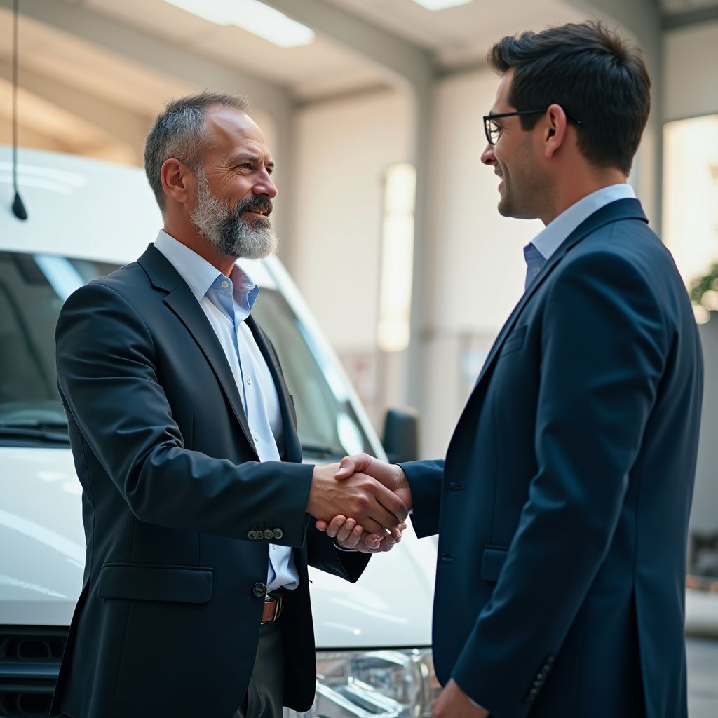 Two men in suits shaking hands in front of a white van, smiling in an indoor setting.