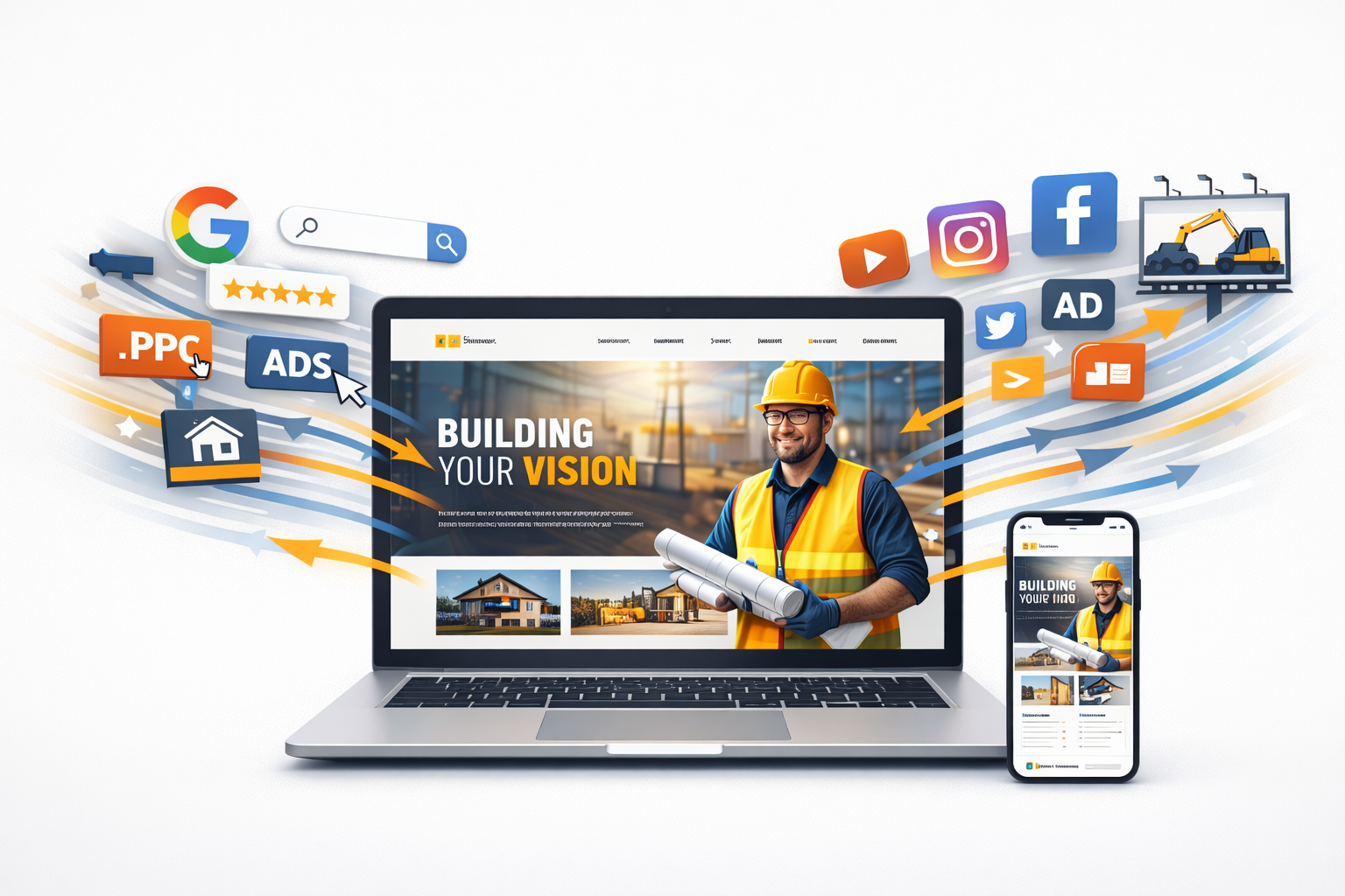 Laptop and phone displaying construction website, surrounded by marketing icons and a smiling construction worker.