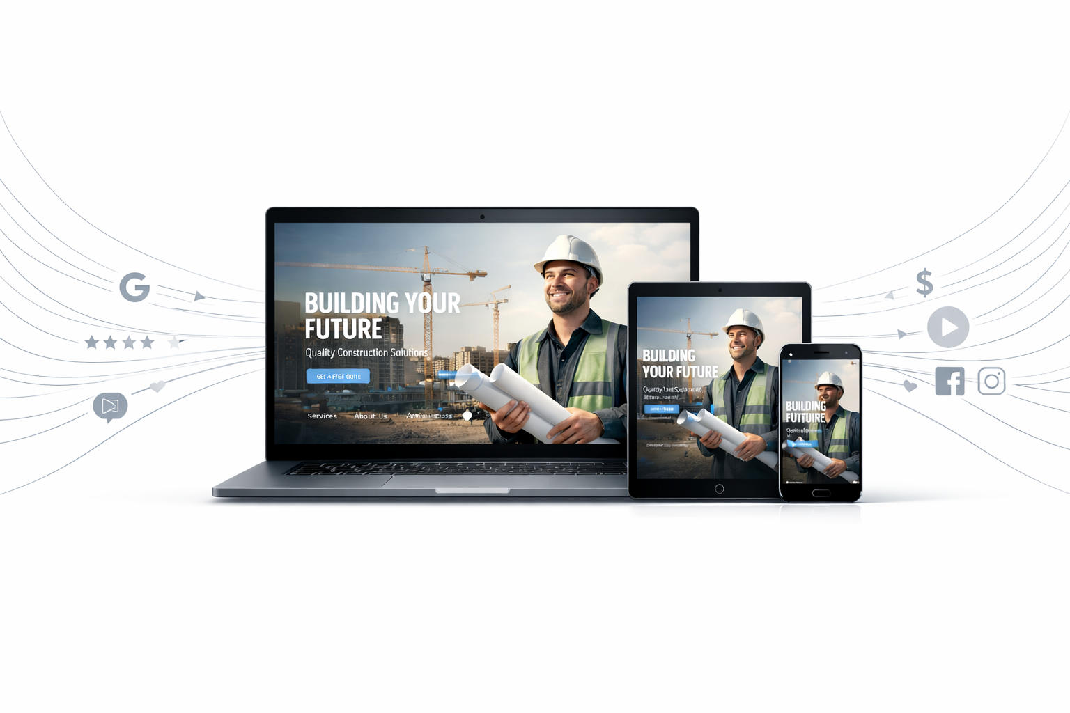 Laptop, tablet, and phone displaying a construction website with a smiling architect in a hard hat holding blueprints.