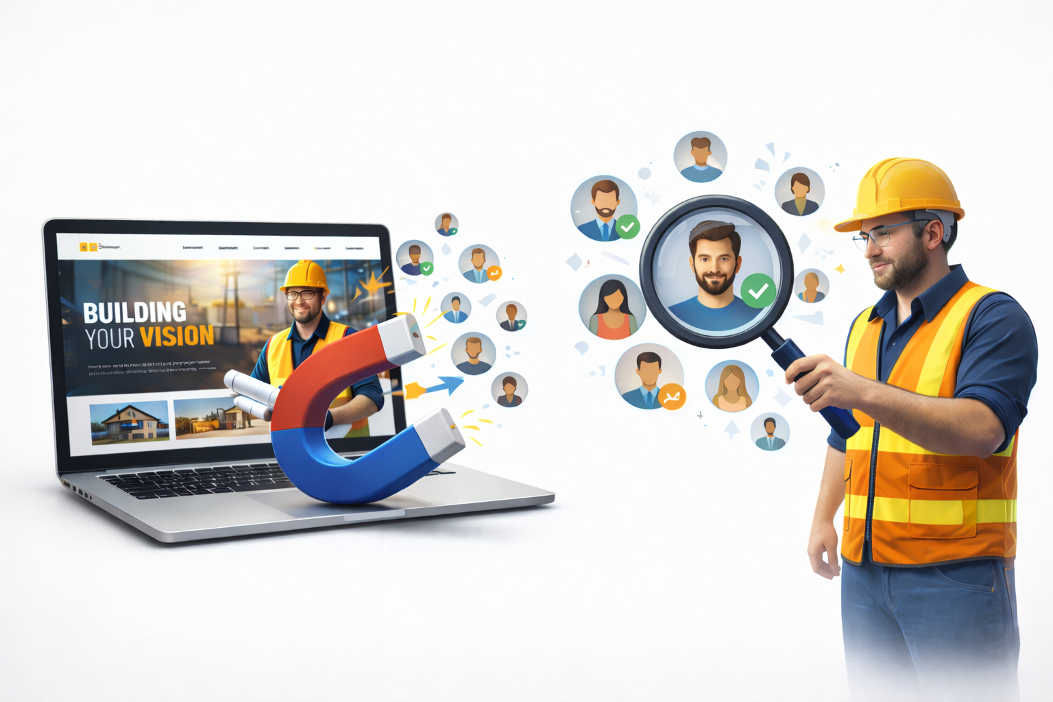 Construction worker using a magnifying glass to search for potential clients, with a laptop and magnet attracting people.