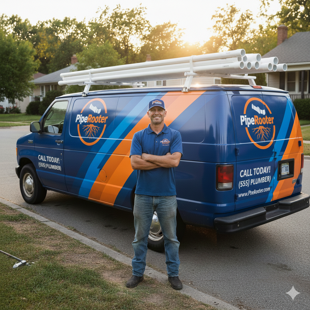 Man in front of a blue Pipe Rooter van with plumbing pipes on top. Sunny setting, arms crossed.