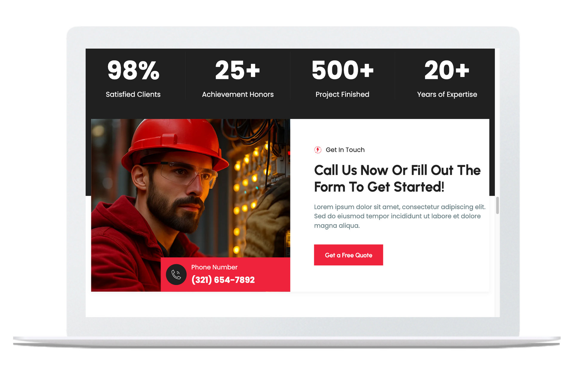 Laptop screen with a construction worker and statistics: 98%, 25+, 500+, 20+, a call-to-action to get started.