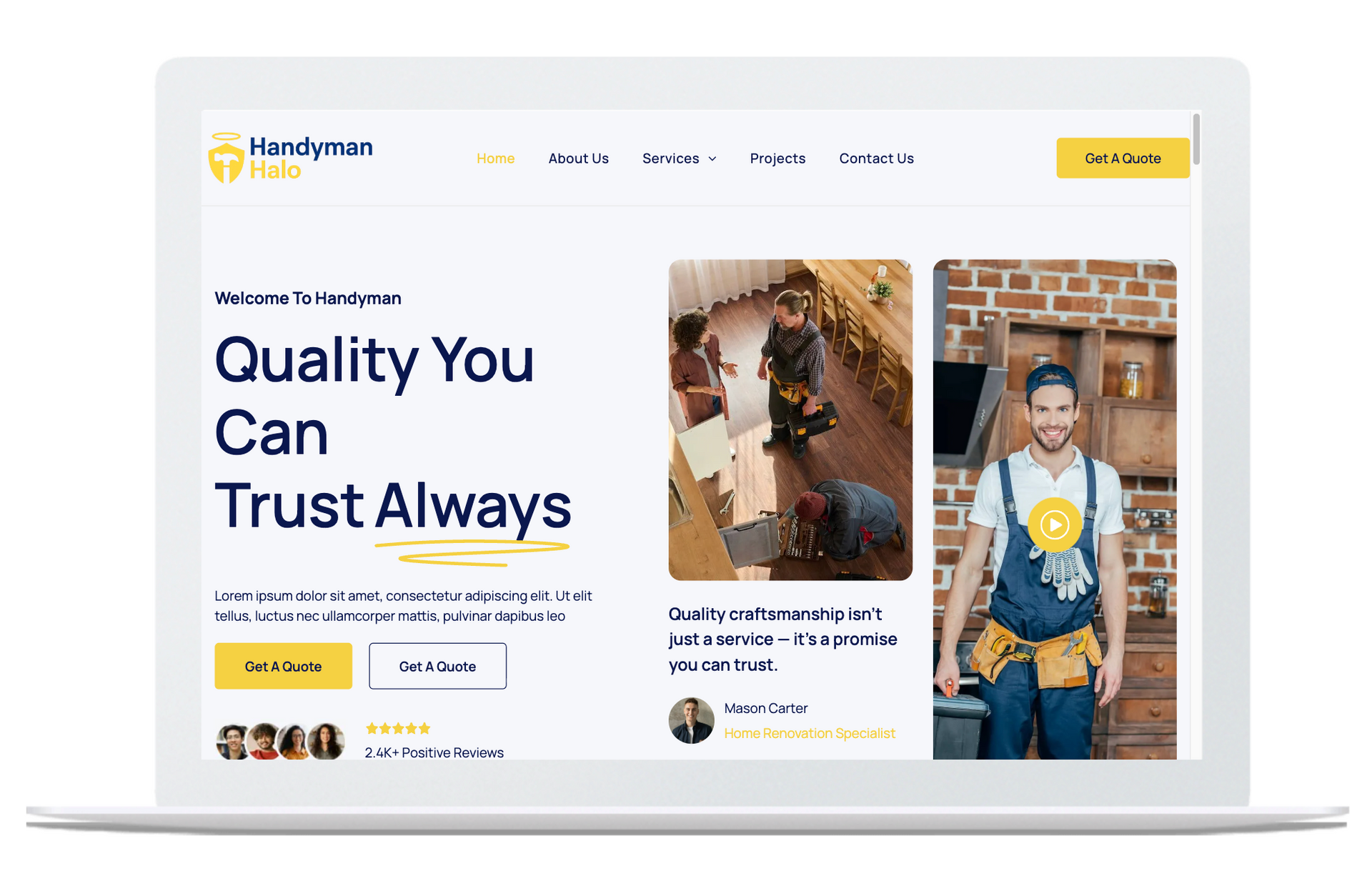 Website for handyman services with a smiling worker, and workers in a setting.