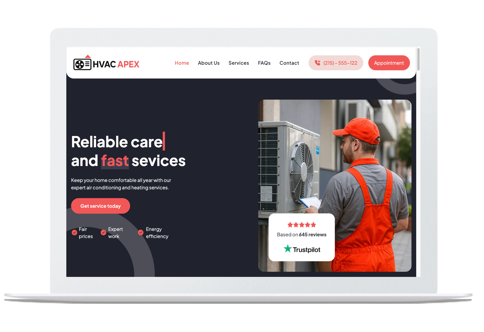 Website for HVAC Apex, with a technician working on an AC unit; dark blue and orange color scheme.