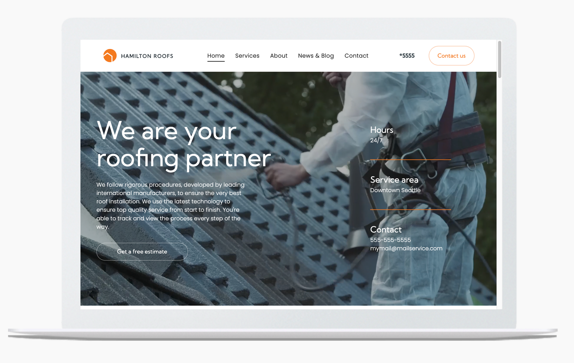 Laptop screen with a roofer working on a roof, text reads 