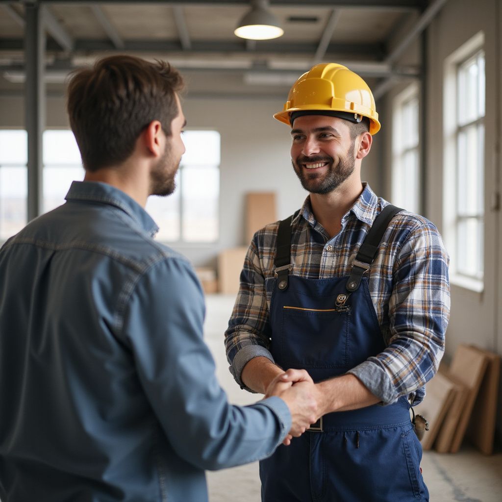 Two men shaking hands in a construction site. One wears overalls and a hard hat, smiling.