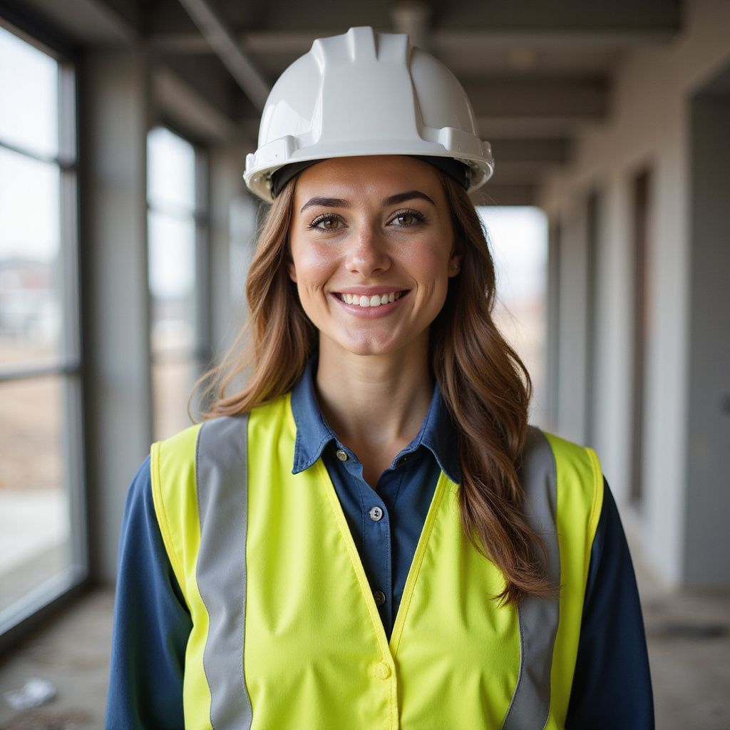 Woman in a hard hat and safety vest smiles at the camera in a construction site.