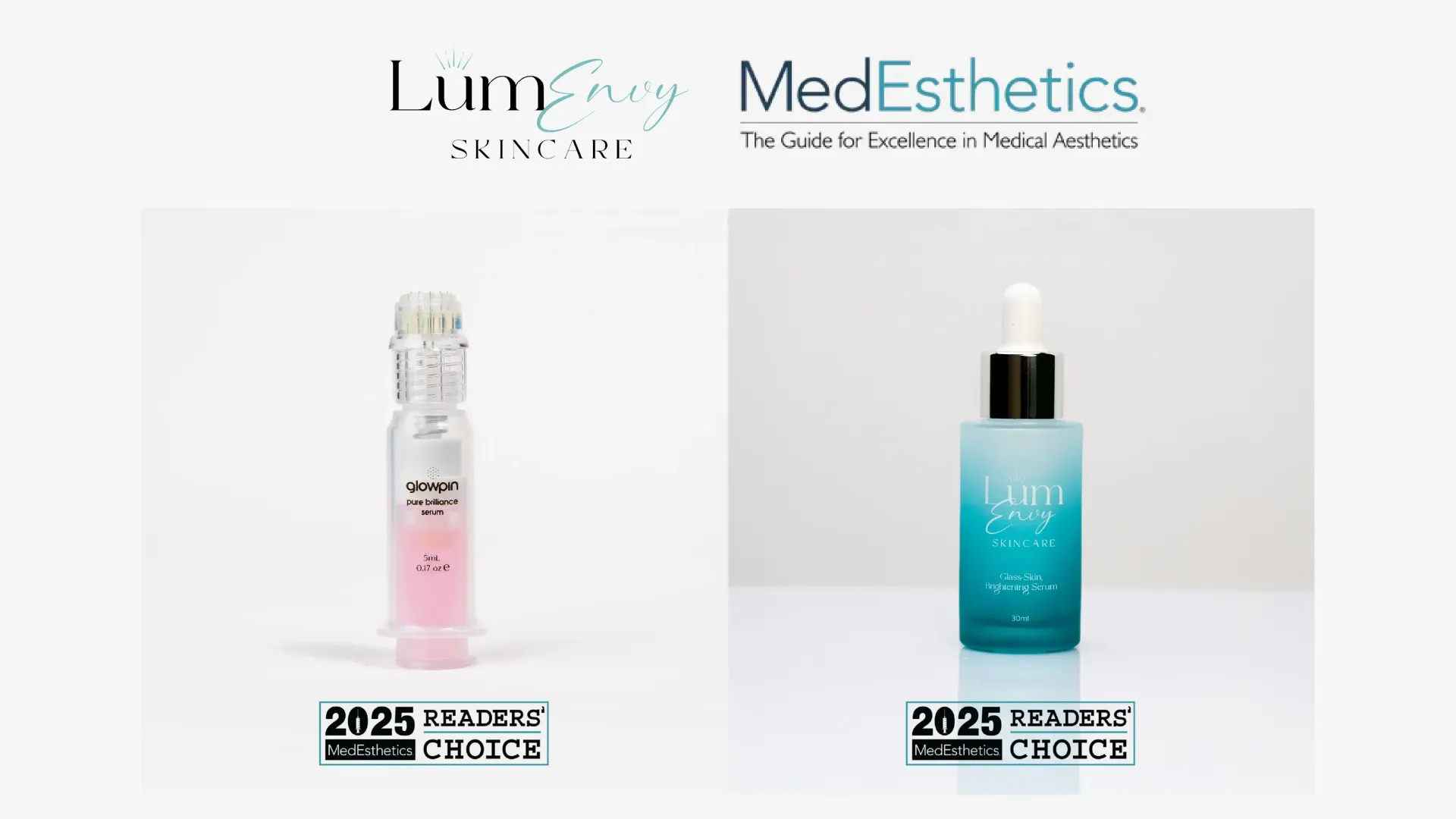 LumEnvy Skincare products featuring 2025 Readers Choice award labels against a white background.