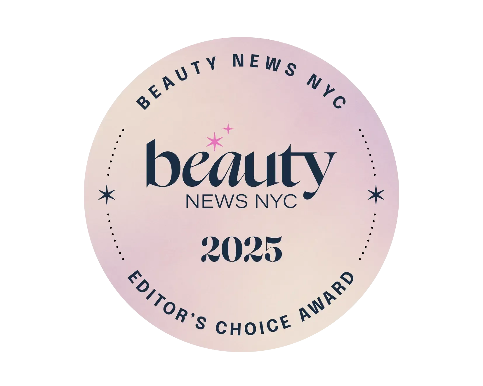 Circular "Beauty News NYC 2025 Editor's Choice Award" badge on a soft, gradient pink background.